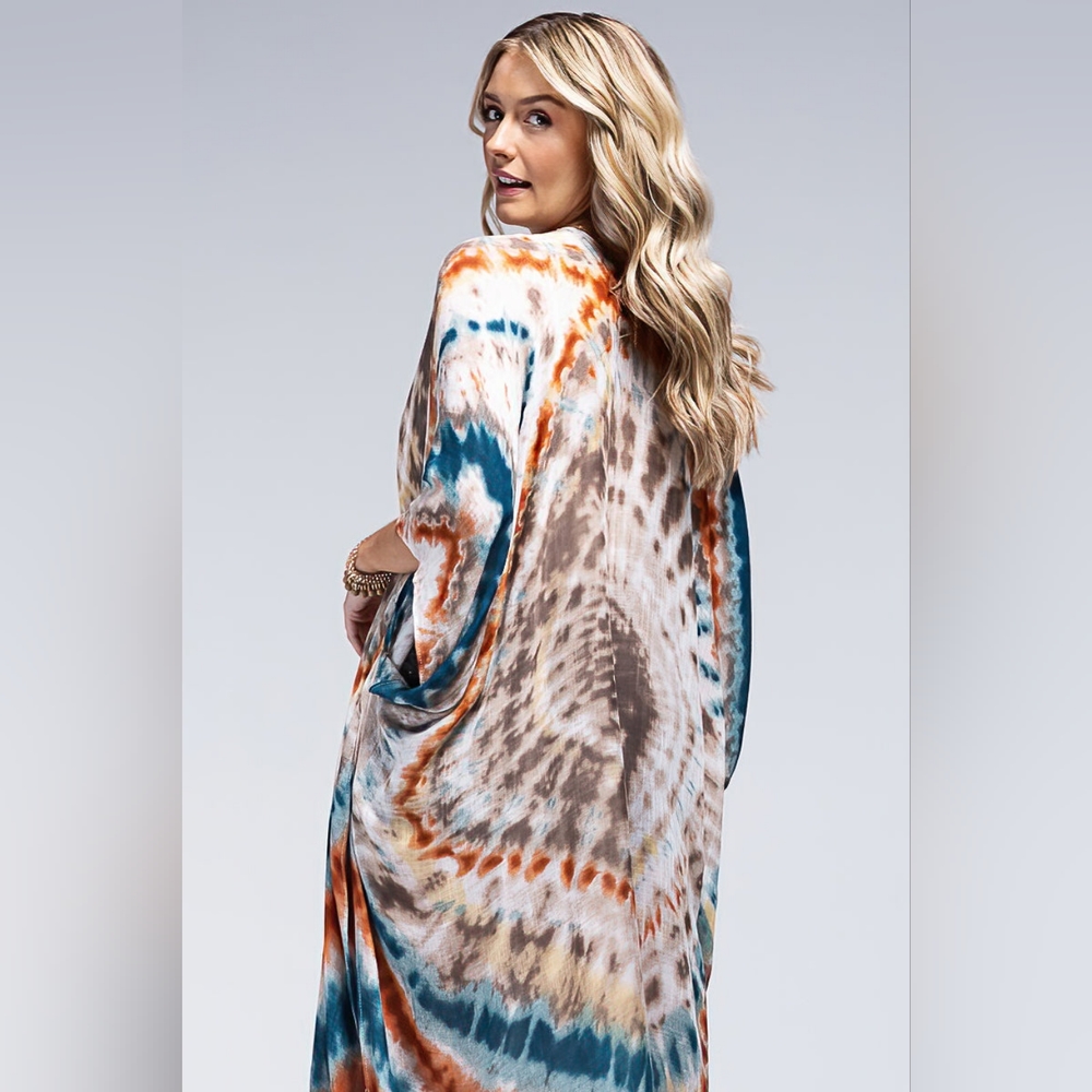 Vibrant Tie Dye Teal & Multi Color Kimono - Silky & Lightweight Material - Picture 2 of 5